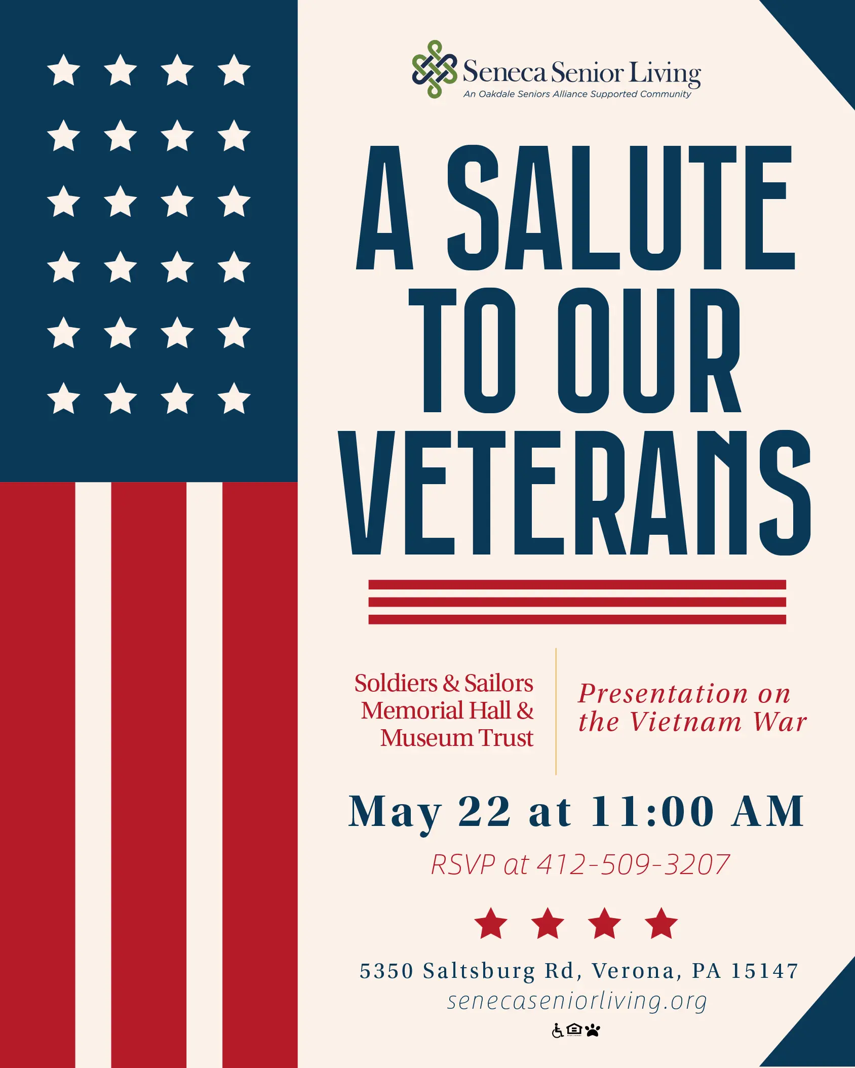 A Salute to Our Veterans event flyer at Seneca Senior Living